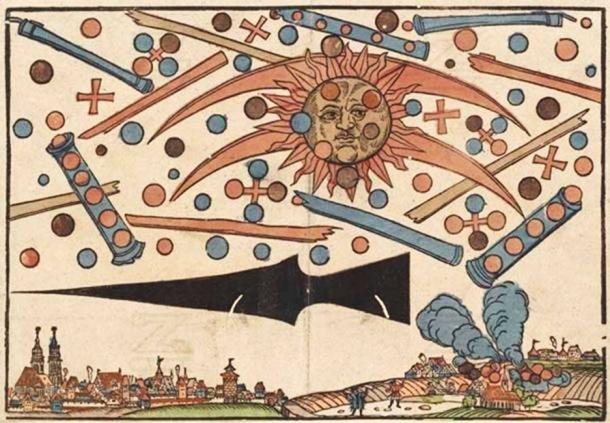 Woodcut by Hans Glaser documenting what might have been an aerial battle between UFOs.