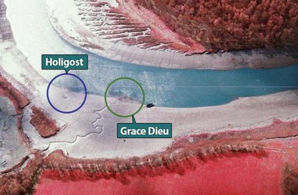 The aerial photograph showing a U-shaped outline (circled blue) on the bank of the River Hamble, located just 50 meters from Henry’s flagship The Grace Dieu (circled green).