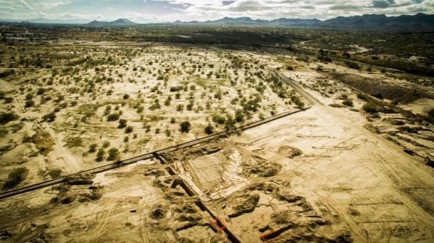This aerial shot shows the construction site where the prehistoric footprints were discovered.