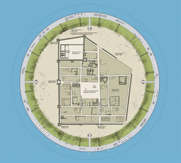 An aerial view of how Seuthopolis would fit inside an artificial bottom island walling it off from the waters of the Koprinka Reservoir.
