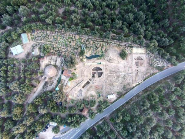 An aerial view of the site shows the Tholos IV tomb, far left, found by UC archaeologist Carl Blegen in 1939 in relation to the two family tombs called Tholos VI and Tholos VII, uncovered last year by UC archaeologists Jack Davis and Sharon Stocker. (UC Classics)