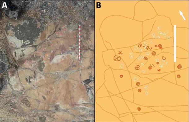 (A) Aerial photography of Outcrop 1. (B) Digital sketch-map of the same outcrop, highlighting theropod footprints in white and petroglyphs in dark orange. (Troiano, et al., Scientific Reports 2024)