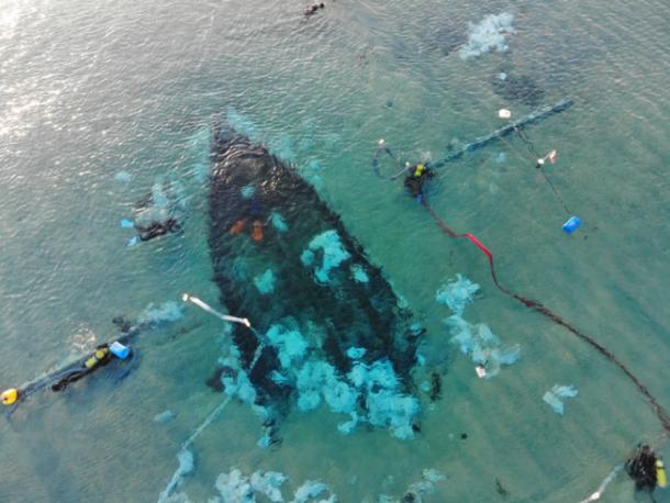 Aerial view of the sunken bow of Ma’agan Michael B (Ronny Levinson / University of Haifa)