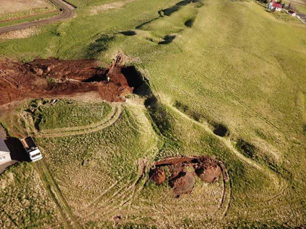 An aerial view of the man-made caves location near Oddi in southern Iceland. (Kristborg Þórsdottir / Iceland Review)