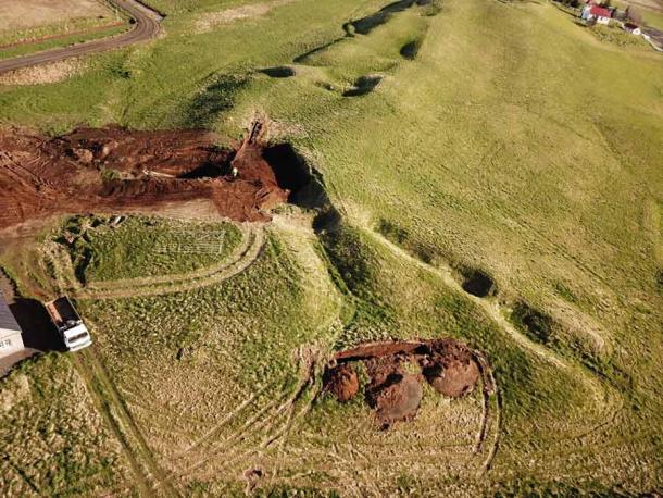 An aerial view of the man-made caves location near Oddi in southern Iceland. (Kristborg Þórsdottir / Iceland Review)