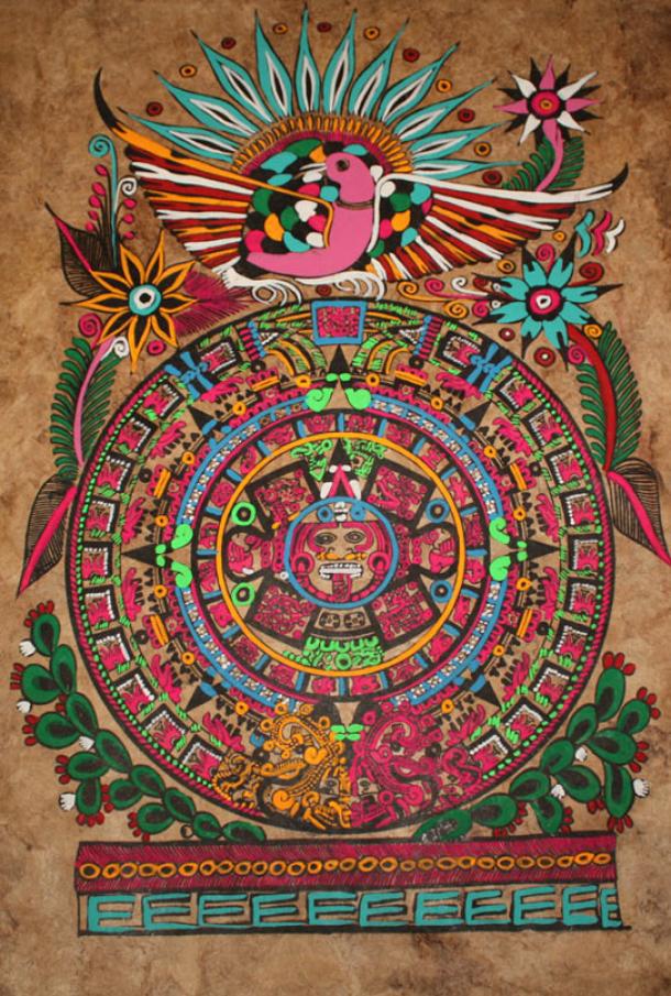 All around the world the sun plays a central role in myth. In this folk art modern representation of an ancient Aztec calendar, the solar disk or sun stone is portrayed.