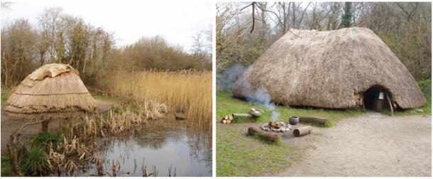 Reconstruction of an ancient Hunter gatherer hut and a First Irish Farmer hut at Irish National Heritage Park, Wexford, Ireland. 