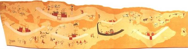 An ancient Nekhen tomb painting in plaster with barques, staffs, goddesses, and animals - possibly the earliest example. (Francesco Raffaele/CC BY SA 3.0)