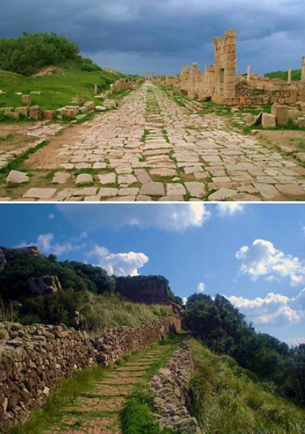 Two examples of ancient Roman roads: one at Leptis Magna, Libya (top) (CC BY-SA 3.0) and another at Santa Àgueda, Minorca (Spain) (bottom).