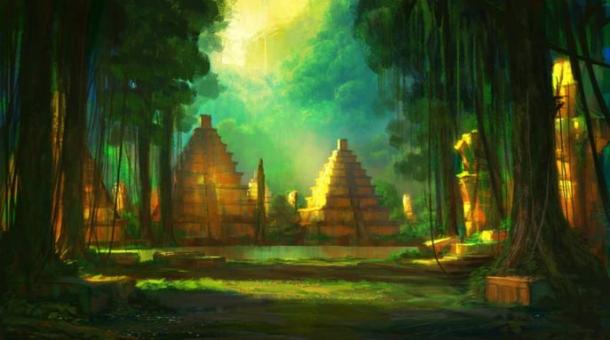 Illustration of ancient city in the Amazon, licensed for reuse.