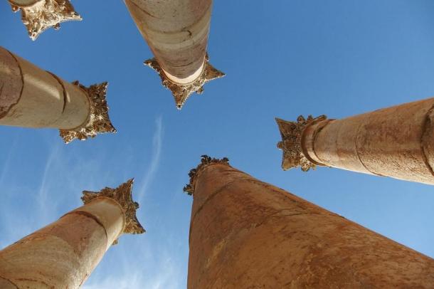 The ancient city of Jerash was unoccupied after the earthquake that destroyed the house in which the silver scroll was found but later was inhabited again and still is. These columns are among the ancient city’s ruins.