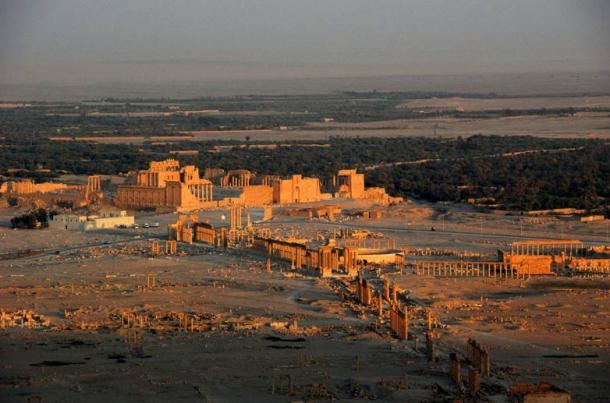 Aerial View of the ancient city of Palmyra (Tadmur), 2008, showing the now destroyed Temple of Bel complex, the Colonnade, and the Monumental Arch.