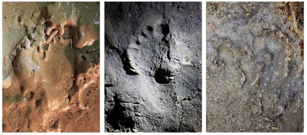 Researchers found a total of 180 ancient human footprints and traces that were made about 14,000 years ago in a cave in northern Italy. Shown here are three of the footprints, made on different surfaces within the cave