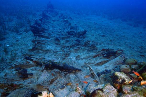 the remains of an ancient ship found near Fourni in Greece.