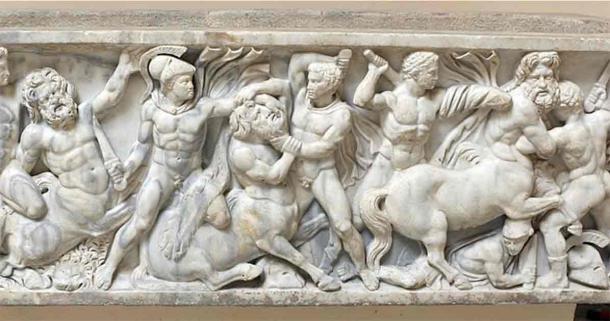 Ancient Roman centauromachy relief on a Roman sarcophagus, 150 AD, at the Museo Archeologico Ostiense (image cropped). (Sailko/CC BY 3.0)
