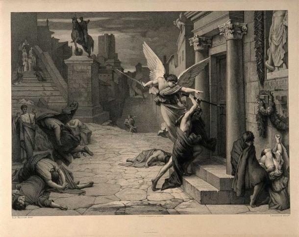 The angel of death striking a door during the Antonine plague of Rome. Engraving by Levasseur after J. Delaunay. (Wellcome Images / CC BY 4.0)
