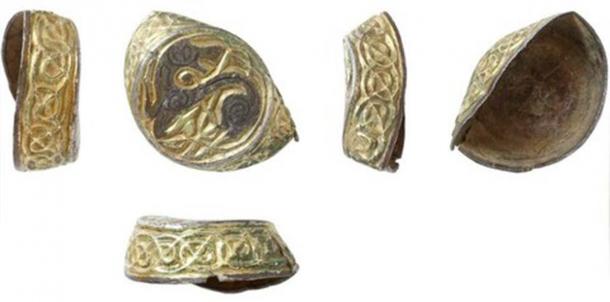 3 angles of the Anglo-Saxon artifact. Specialists theorize that the design portrays an animal, potentially a horse. (ANDREW WILLIAMS/NORFOLK COUNTY COUNCIL)