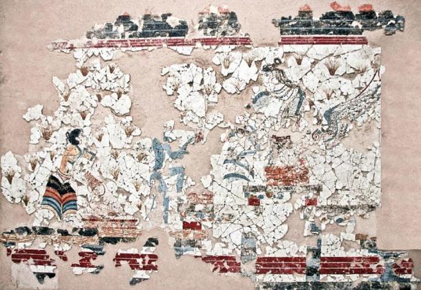 Another example of Minoan monkey art in Akrotiri, Greece: ‘Potnia Theron’ painting shows goddess on the right with a monkey in front and to left of her. On the left, a young woman pours flowers of the saffron crocus in a large bowl. (Klearchos Kapoutsis / CC BY 2.0)