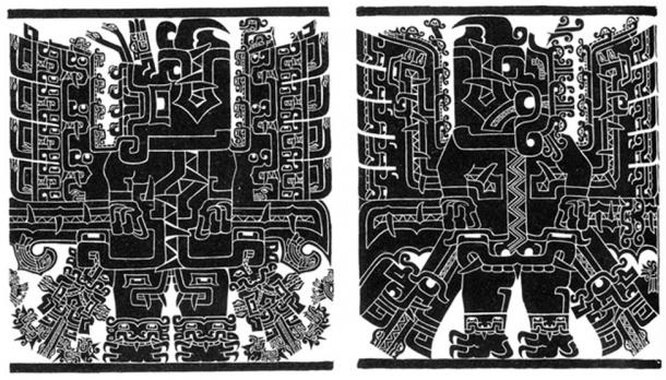 Female and male anthropomorphic avian figures on the Black and White Portal in Chavín de Huántar, Peru. 