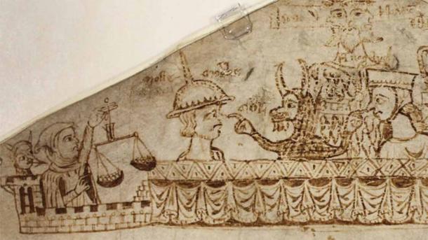 En este boceto antisemita de los Archivos Nacionales, dibujado en el margen de un registro fiscal inglés y fechado en 1233, un pueblo judío caricaturizado es abordado por un demonio. (Archivos Nacionales)
