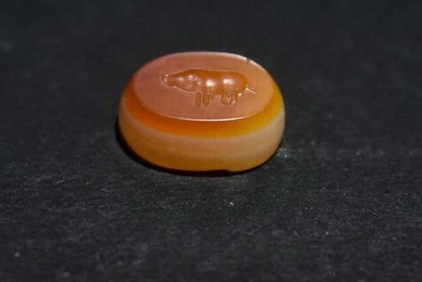 Archaeologists found a carnelian bead engraved with a wild boar during the fifth phase of excavations at the site in Tamil Nadu.(Jothi Ramalingam)
