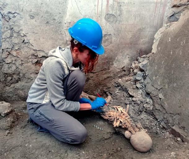 An archaeologist examines one of the excavated victim’s skeletons. (Archaeological Site of Pompeii)