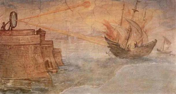 A depiction of how Archimedes set on fire the Roman ships before Syracuse with the help of parabolic mirrors. (Public Domain)