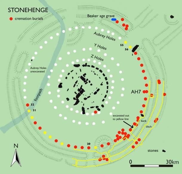 Some of the areas of Stonehenge that have been excavated. Located cremation burials are shown with a red dot. 