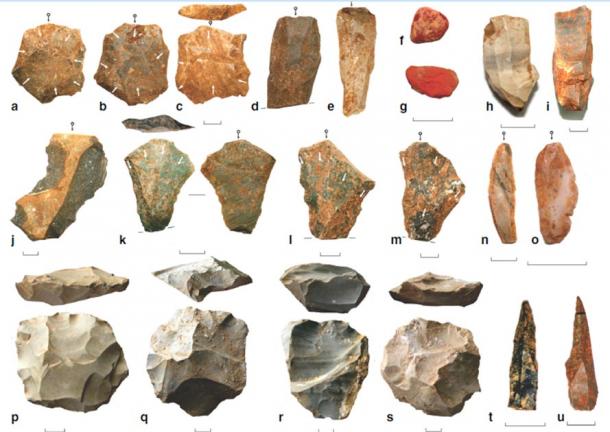 Key artifact types at Dhaba from 80 to 25 ka. a–c Levallois flakes. d, e Levallois blades. f, g Ochre. h, i Microblade cores. j Notched scraper. k–m Levallois points. n, o Agate and chert microblades. p–s Recurrent Levallois cores. t, u Backed microliths. White arrows indicate scar directions. Black arrows with circles indicate impact points. (Clarkson et al.)