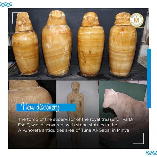 Solo una pequeña selección de artefactos y ajuares funerarios encontrados recientemente en Egipto. (Ministerio de Turismo y Antigüedades)