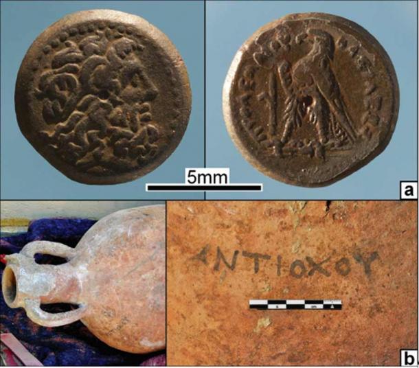 The artifacts found in the well are helping the team to date the events at Berenike: a) A coin from Ptolemy IV b) An amphora labelled with the name of its owner. (S. E. Sidebotham / Antiquity)