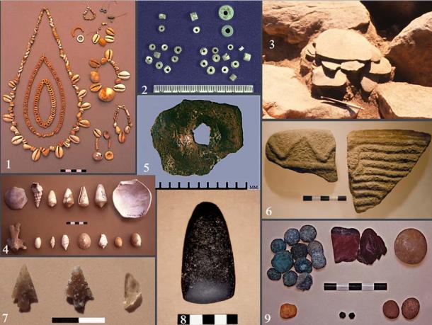 Todos estos artefactos se encontraron dentro y alrededor del cementerio de 7500 años de antigüedad en el sur de Israel.  1. Joyas de concha;  2. Loza, cuentas de esteatita;  3. Raspadores de pedernal;  4.Conchas, coral de la bahía de Eilat;  5. Cuenta de cobre;  6. Brocas de tazón de arenisca;  7. Puntas de flecha;  8. Hacha de basalto;  9. Minerales.  (Uzi Avner/Researchgate)