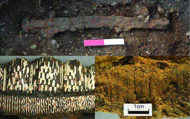 The sword (top); the sword in situ (below); the mineralized textile remains (right); detail of the decoration after conservation (left).