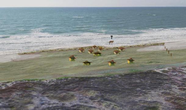 Artist reconstruction of the PN village and the sea wall. (Drawing J. McCarthy and E. Galili)