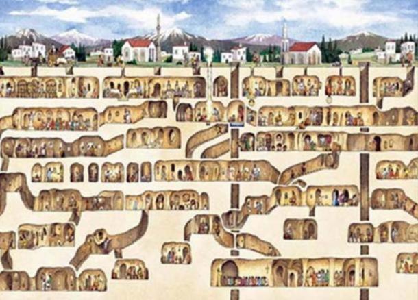 An artistic reconstruction of the underground city of Derinkuyu.