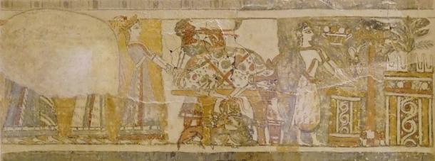 Long side of the artwork, depicting a bull and a woman possibly making an offering of its blood.