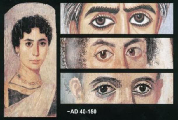 Deviation of visual axes of the eyes (tropia) and corectopia in mummy portraits. A woman in a blue tunic on the left to show, in this accomplished portrait, the lifelike quality of the eyes. Esotropia and slight exophthalmus-left (upper right) in an elderly woman.