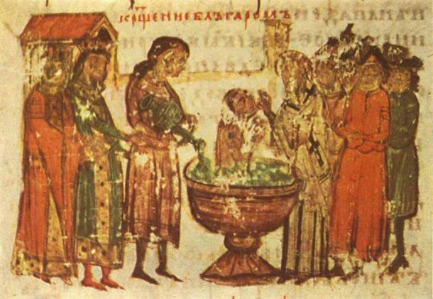The baptism of Boris I as depicted within the Manases Chronicle. (Public domain)