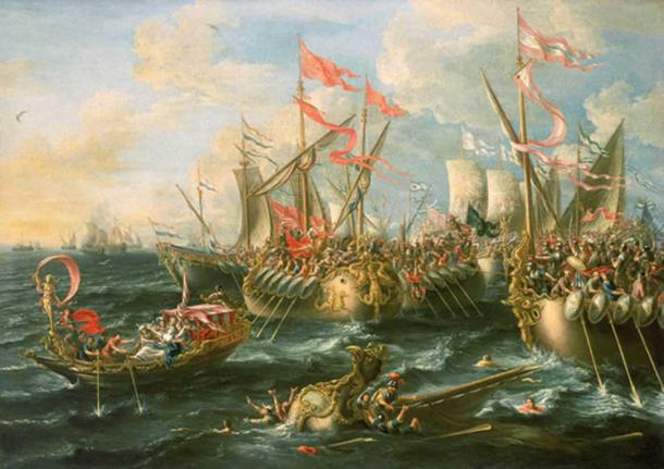 A baroque painting of the battle of Actium by Laureys a Castro, 1672.