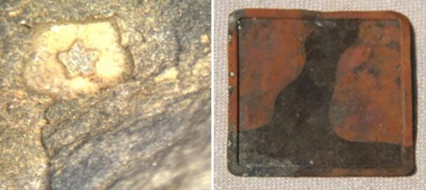 [Left] 1.0 mm bas-relief star washed with translucent blue quartz pigment with reflective cartouche [Right] 4.7cm Copper artifact