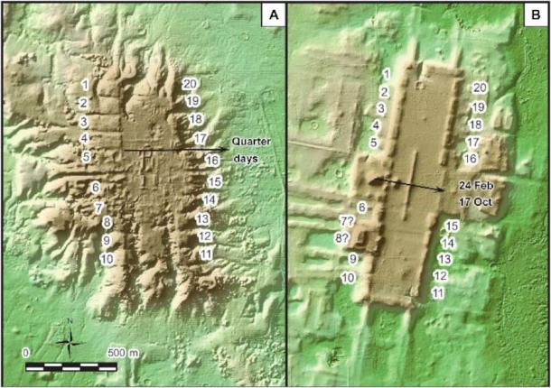 Lidar-based images of two sites with similar spatial plans, each with 20 edge platforms. (A) San Lorenzo. (B) Aguada Fénix. The sites align with celestial objects using the Maya 260 day calendar. (Takeshi Inomata / CC BY NC 4.0)
