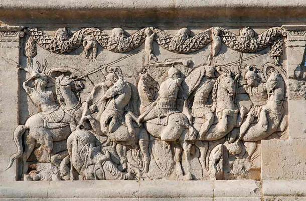 Roman cavalry battle as depicted on the north face of the Mausoleum of Glanum in southern France. (Cancre / CC BY-SA 4.0)