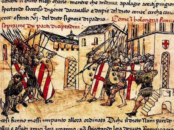 Depiction of a battle between the militias of the Guelph and Ghibelline factions in Bologna, Italy