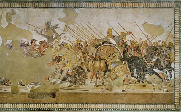 The battle of Issus between Alexander the Great and Darius of Persia. Floor mosaic, Roman copy after a Hellenistic original by Philoxenos of Eretria. (Public Domain)