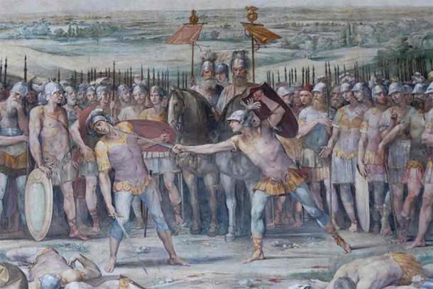 Battle between Horatii and Curiatii. Mettius Fufetius and Tullus Hostilius in the background, by Giuseppe Cesari. (Public Domain)