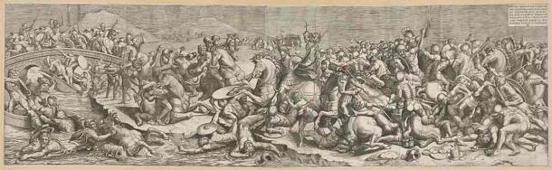 Battle scene of the Battle of Milvian Bridge. Constantine's soldiers fighting Maxentius' soldiers. Dead bodies lie on the ground. Soldiers on horseback drown in the river.  (Public Domain)