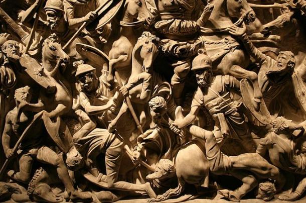 Scenes of battles between Romans, Sarmatians and Germans carved into a marble sarcophagus in Rome