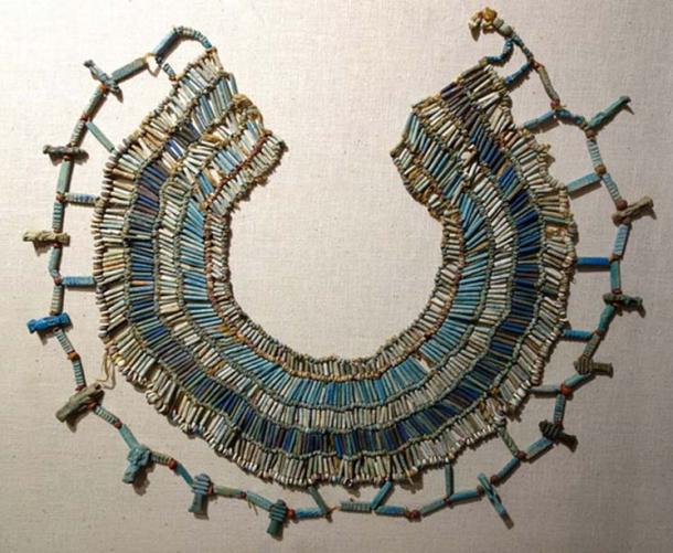 A beaded necklace from ancient Egypt, 664-332 BC, faience, carnelian, and limestone beads