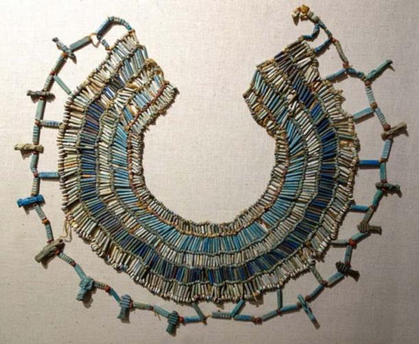 A beaded necklace from ancient Egypt, 664-332 BC, faience, carnelian, and limestone beads