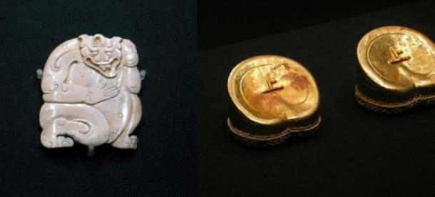 A beastly deity in jade (CC BY SA 4.0) and gold ingots (CC BY SA 4.0) found in the tomb of the Marquis of Haihun and ex Han Dynasty Emperor, Liu He.